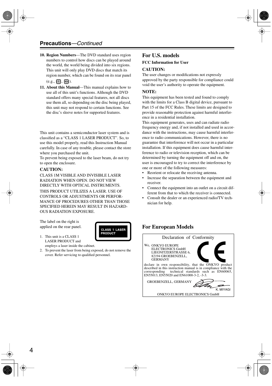 Precautions —continued, For u.s. models, For european models | Onkyo DV SP504 User Manual | Page 4 / 64