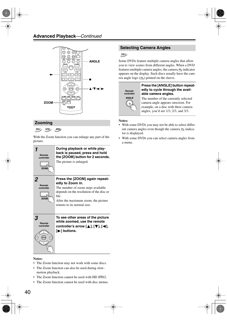 Zooming, Selecting camera angles, Zooming selecting camera angles | Utton [40, Advanced playback —continued | Onkyo DV SP504 User Manual | Page 40 / 64