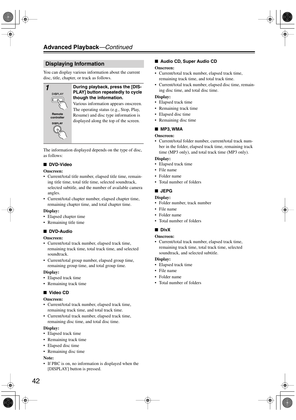 Displaying information, Utton [42, Advanced playback —continued | Onkyo DV SP504 User Manual | Page 42 / 64
