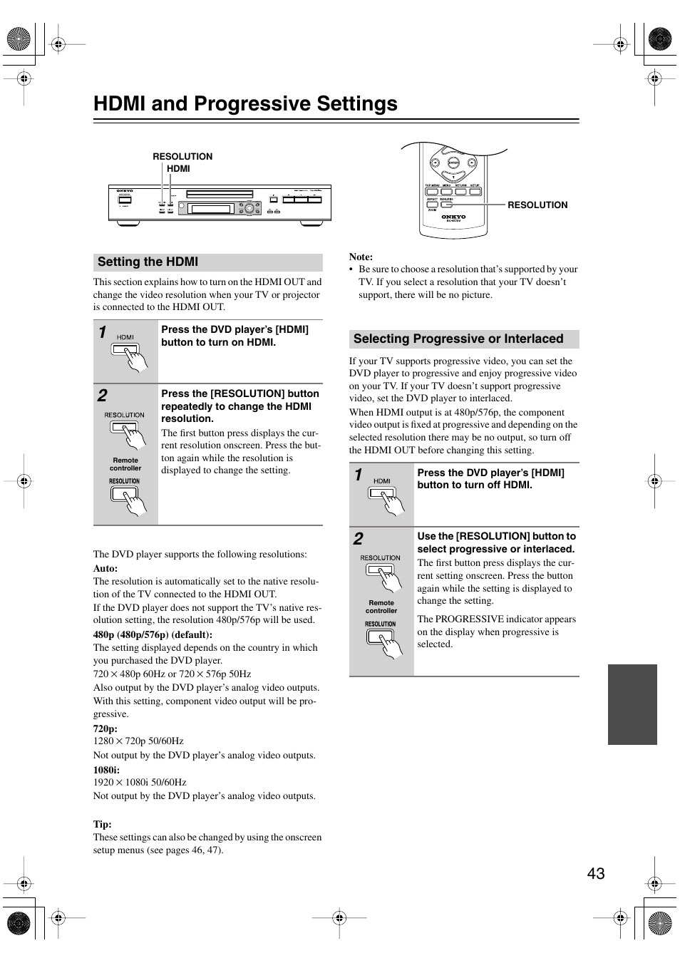 Hdmi and progressive settings, Setting the hdmi, Selecting progressive or interlaced | Detailed settings, Utton [43, Hdmi indicator [43 | Onkyo DV SP504 User Manual | Page 43 / 64