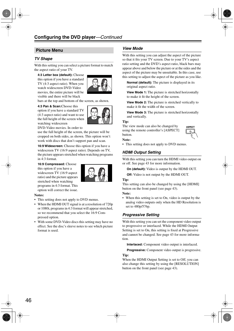 Picture menu, Configuring the dvd player —continued | Onkyo DV SP504 User Manual | Page 46 / 64