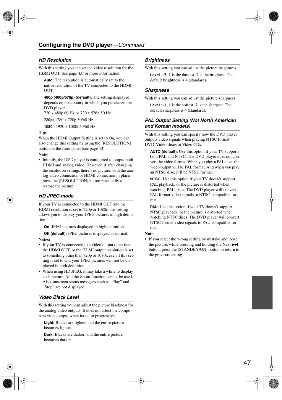 Configuring the dvd player —continued | Onkyo DV SP504 User Manual | Page 47 / 64