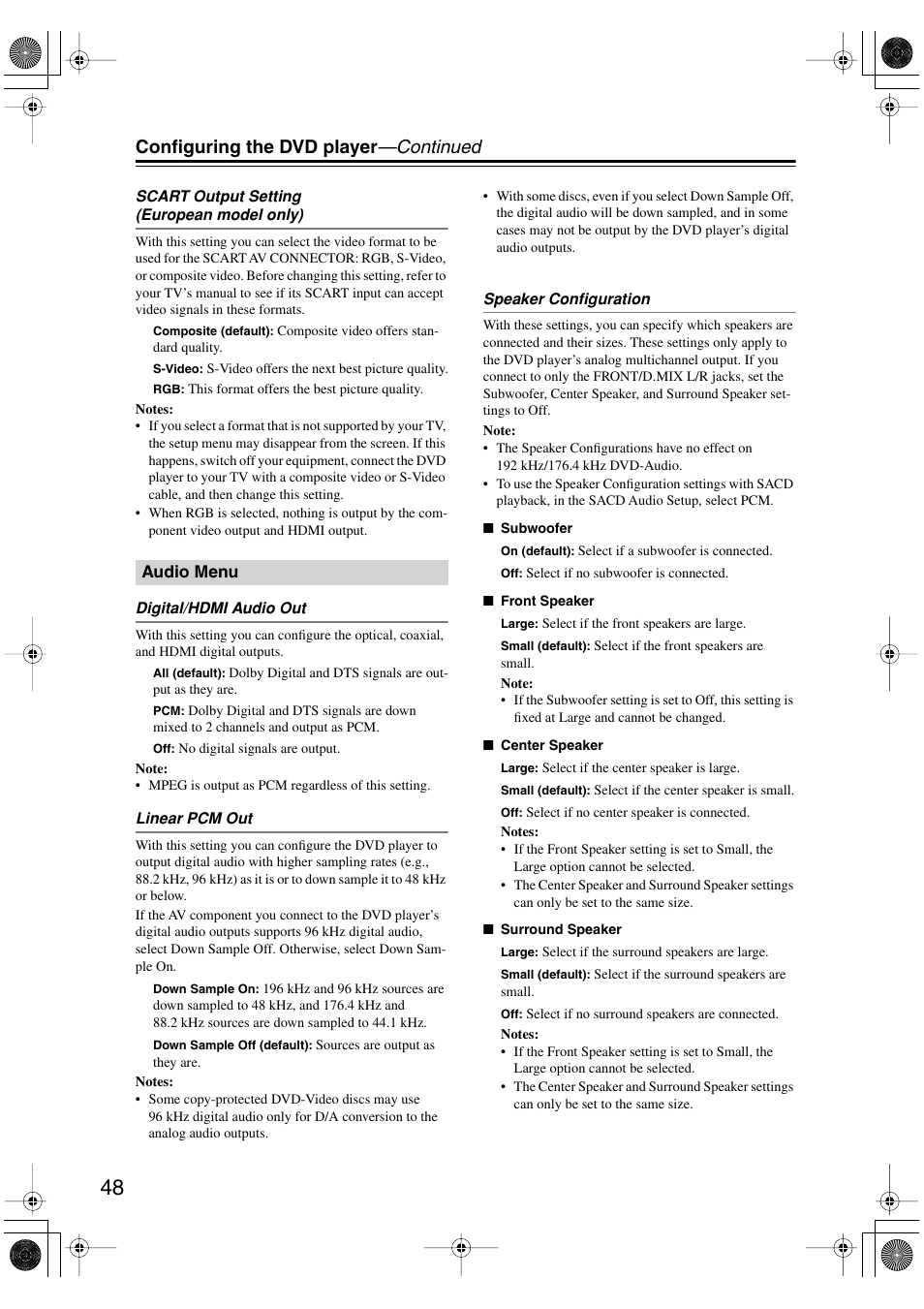 Audio menu, Configuring the dvd player —continued | Onkyo DV SP504 User Manual | Page 48 / 64