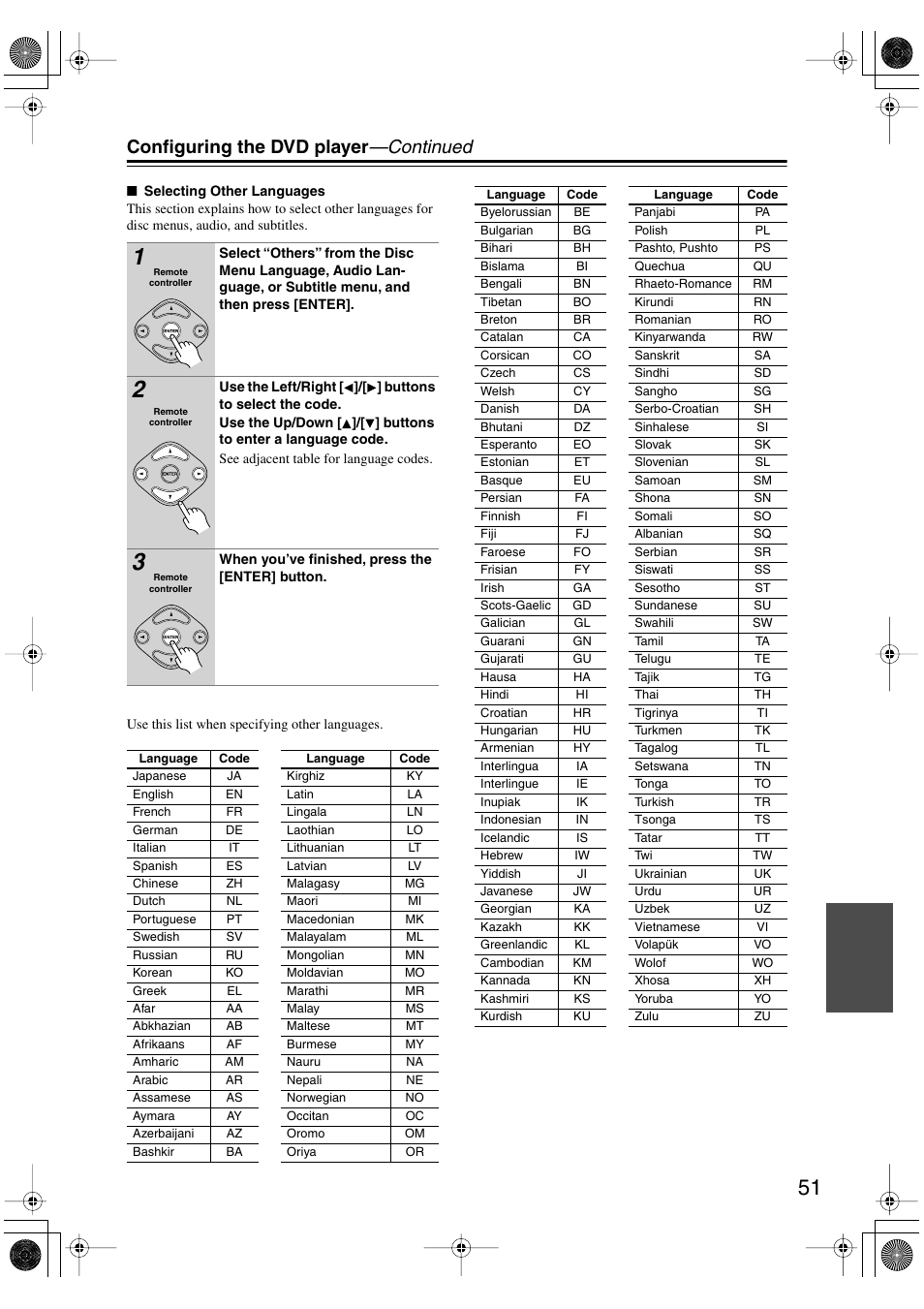 Configuring the dvd player —continued | Onkyo DV SP504 User Manual | Page 51 / 64