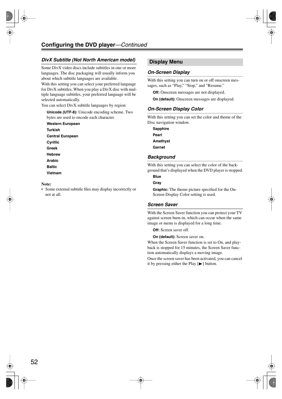 Display menu, Configuring the dvd player —continued | Onkyo DV SP504 User Manual | Page 52 / 64