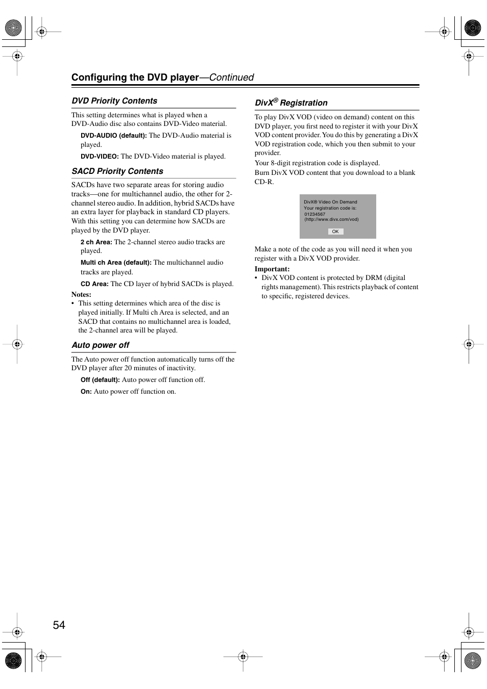 Configuring the dvd player —continued | Onkyo DV SP504 User Manual | Page 54 / 64