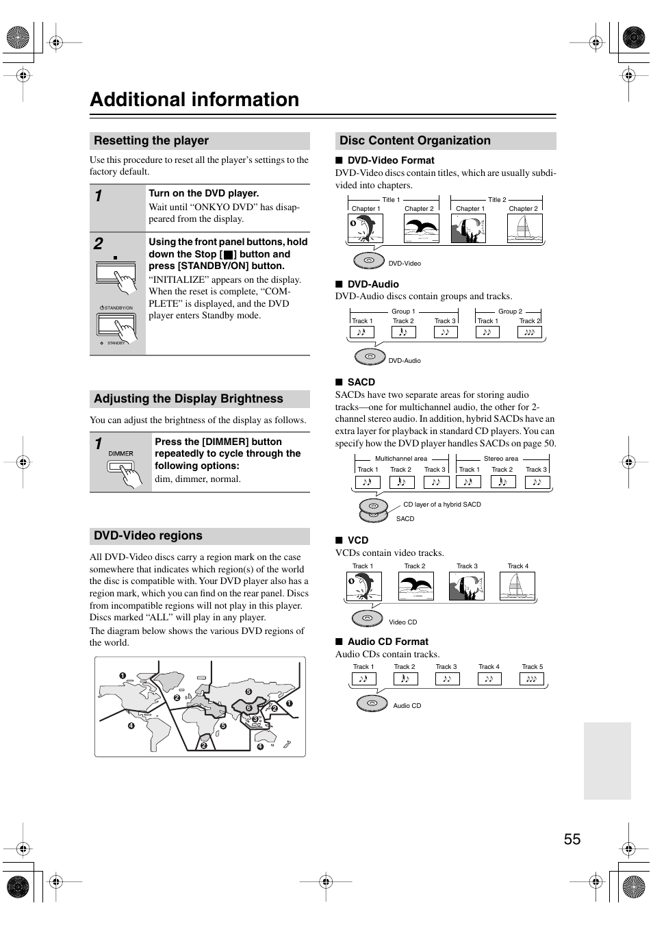 Additional information, Resetting the player, Adjusting the display brightness | Dvd-video regions, Disc content organization, Miscellaneous information, Utton [55 | Onkyo DV SP504 User Manual | Page 55 / 64