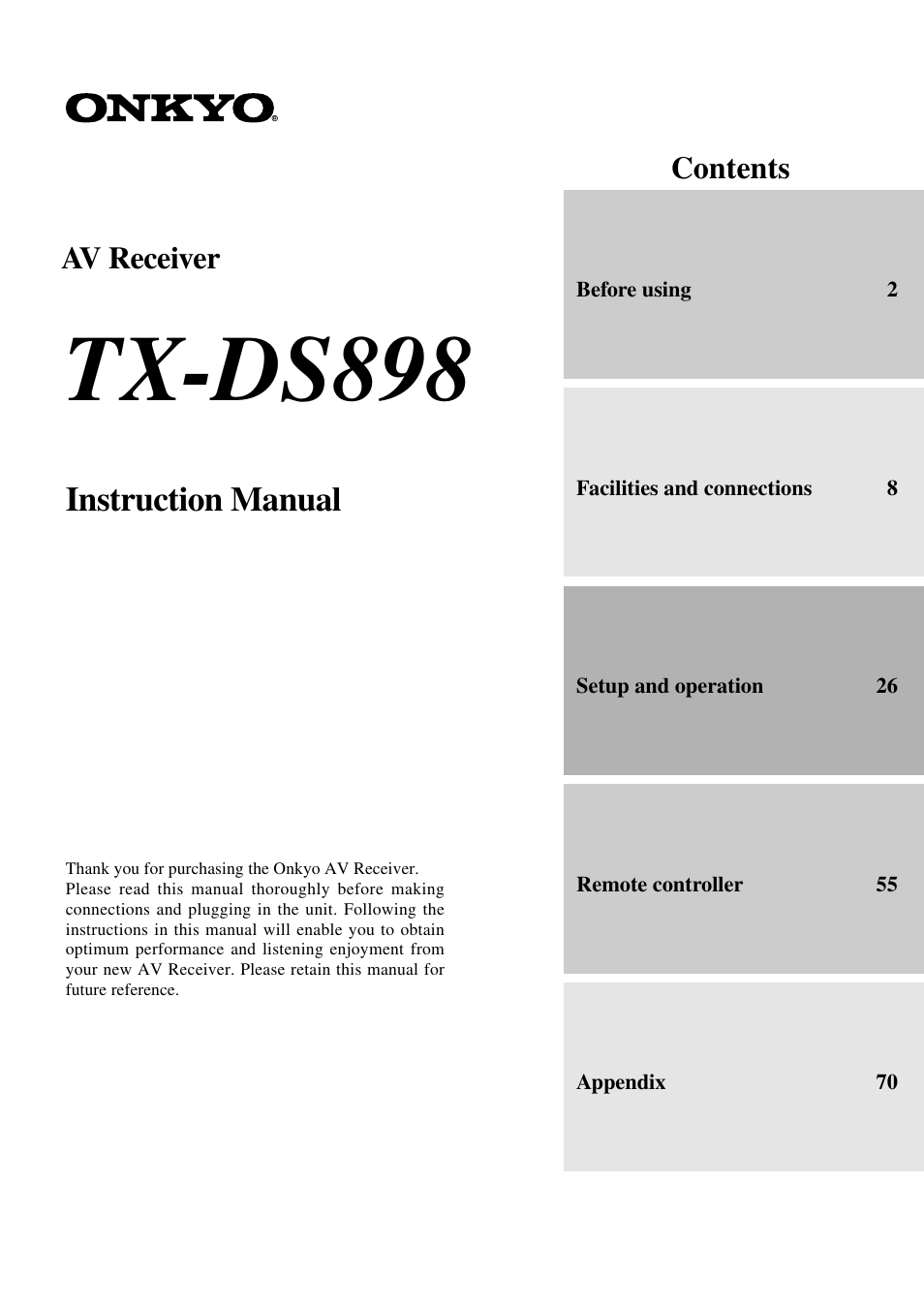 Onkyo TX-DS898 User Manual | 72 pages