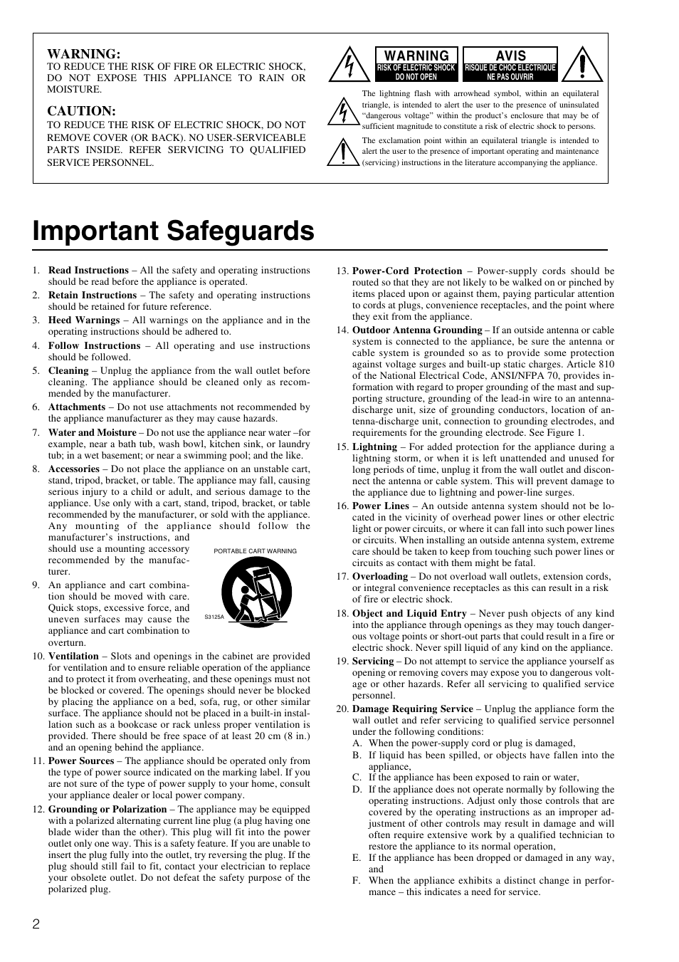 Important safeguards, Warning, Caution | Avis | Onkyo TX-DS898 User Manual | Page 2 / 72