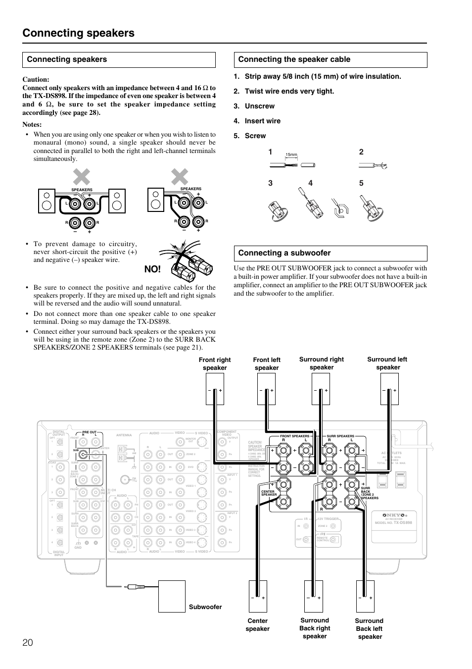 Connecting speakers, Connecting a subwoofer, Connecting the speaker cable | Center speaker subwoofer | Onkyo TX-DS898 User Manual | Page 20 / 72
