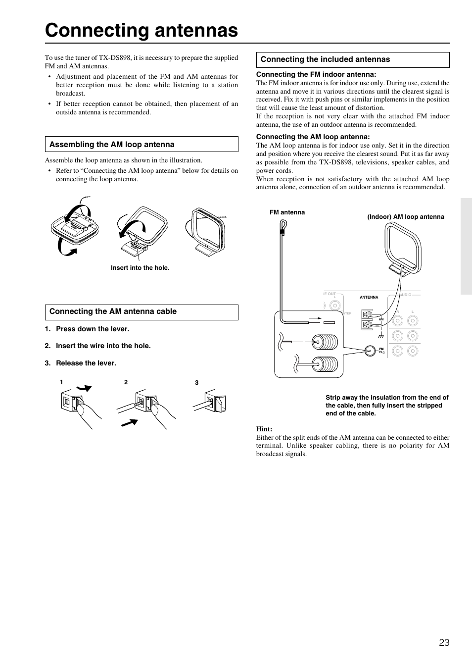 Connecting antennas, Connecting the am antenna cable, Connecting the included antennas | Assembling the am loop antenna | Onkyo TX-DS898 User Manual | Page 23 / 72
