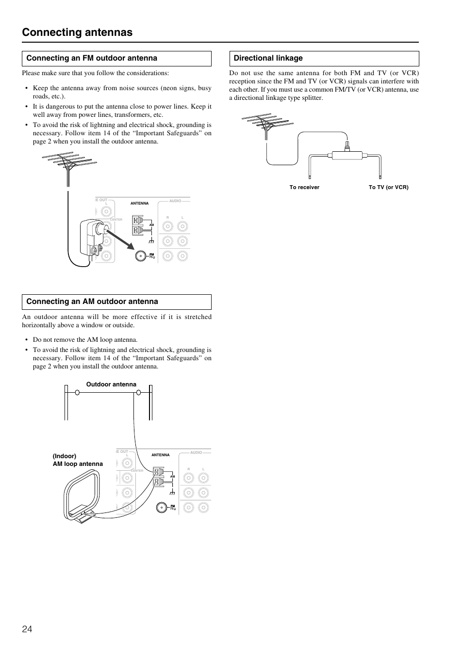 Connecting antennas, Connecting an am outdoor antenna, Directional linkage | Connecting an fm outdoor antenna | Onkyo TX-DS898 User Manual | Page 24 / 72