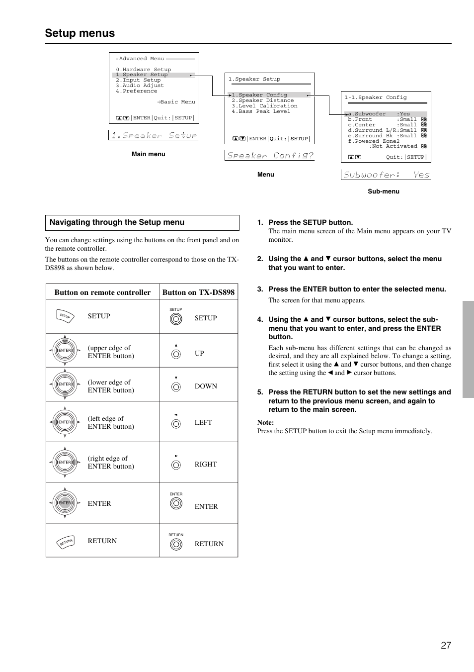 Setup menus | Onkyo TX-DS898 User Manual | Page 27 / 72