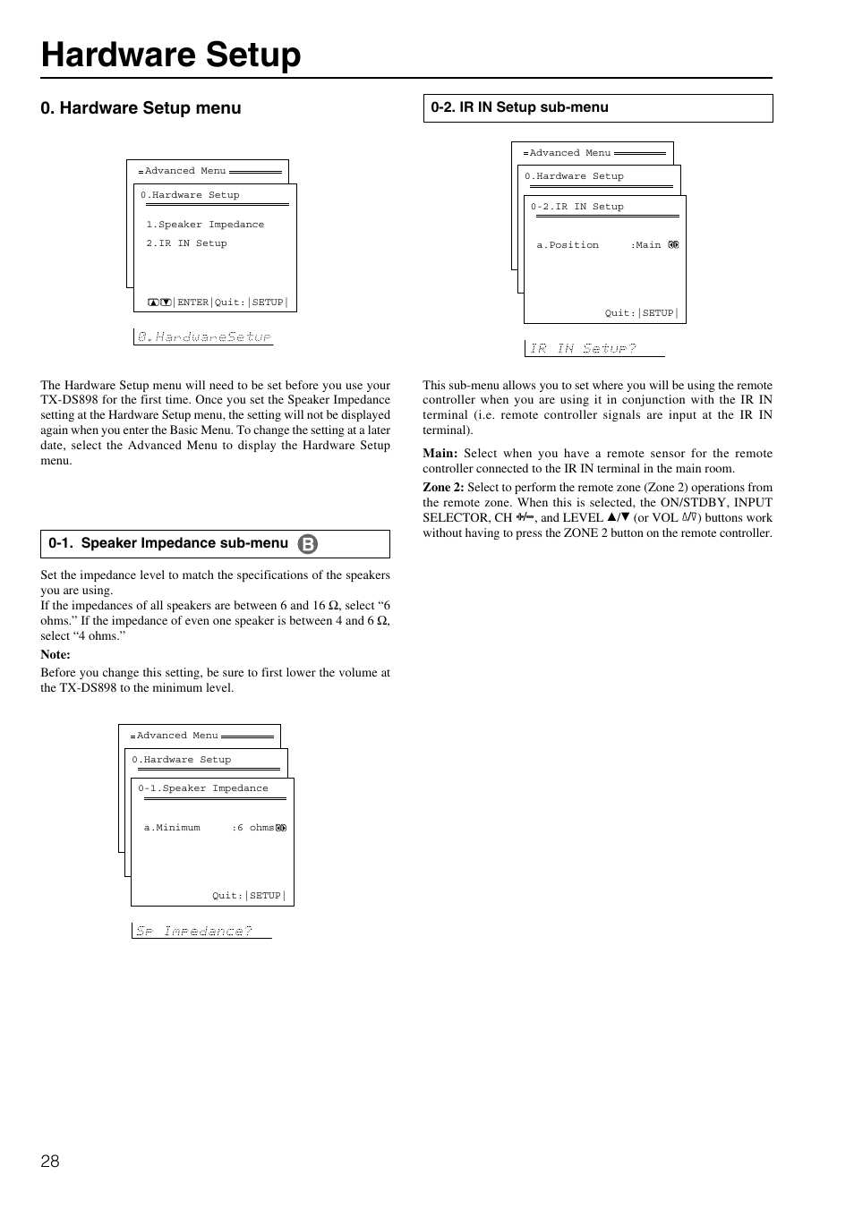 Hardware setup, Hardware setup menu | Onkyo TX-DS898 User Manual | Page 28 / 72