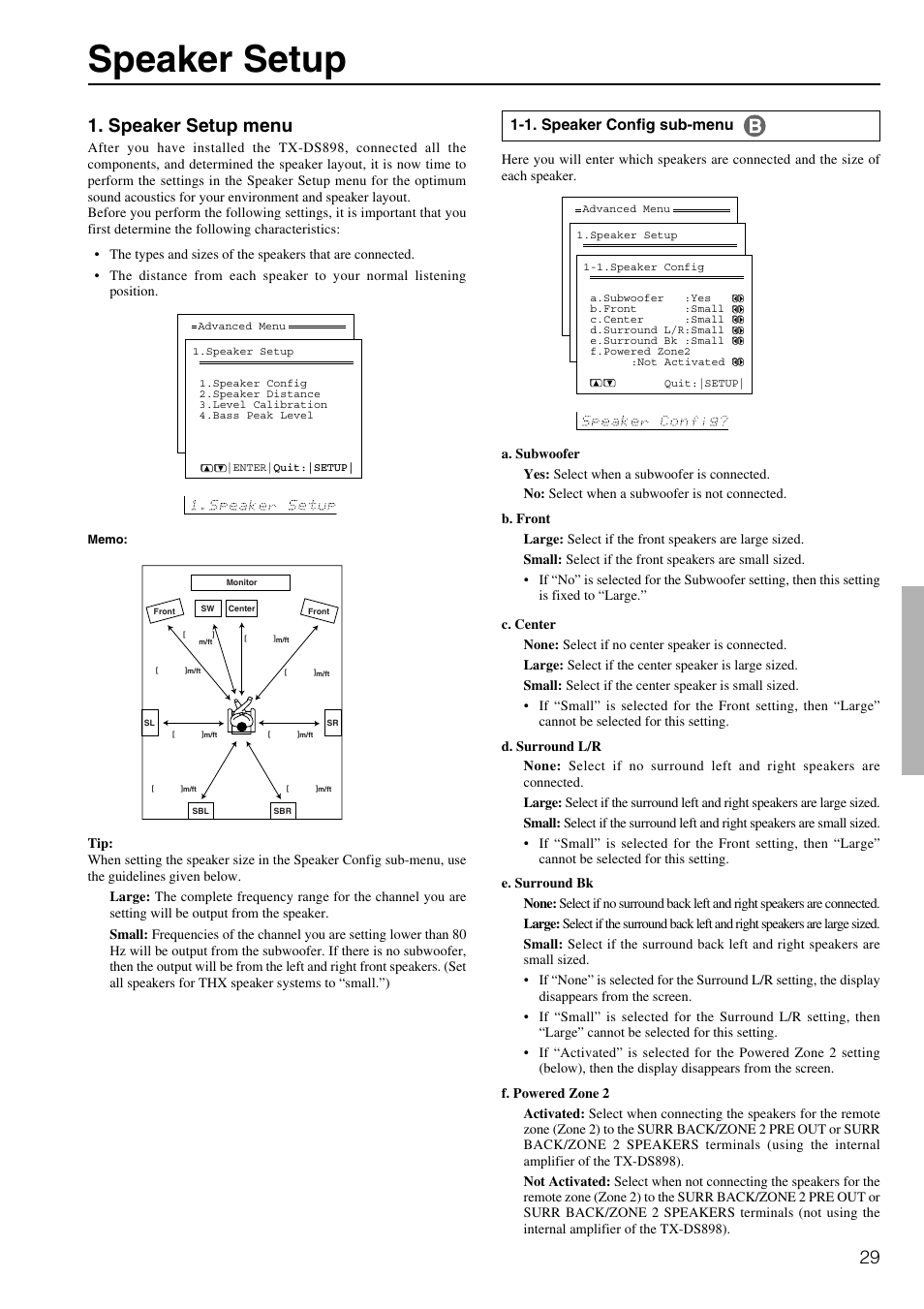 Speaker setup, Speaker setup menu, 1. speaker config sub-menu | Onkyo TX-DS898 User Manual | Page 29 / 72