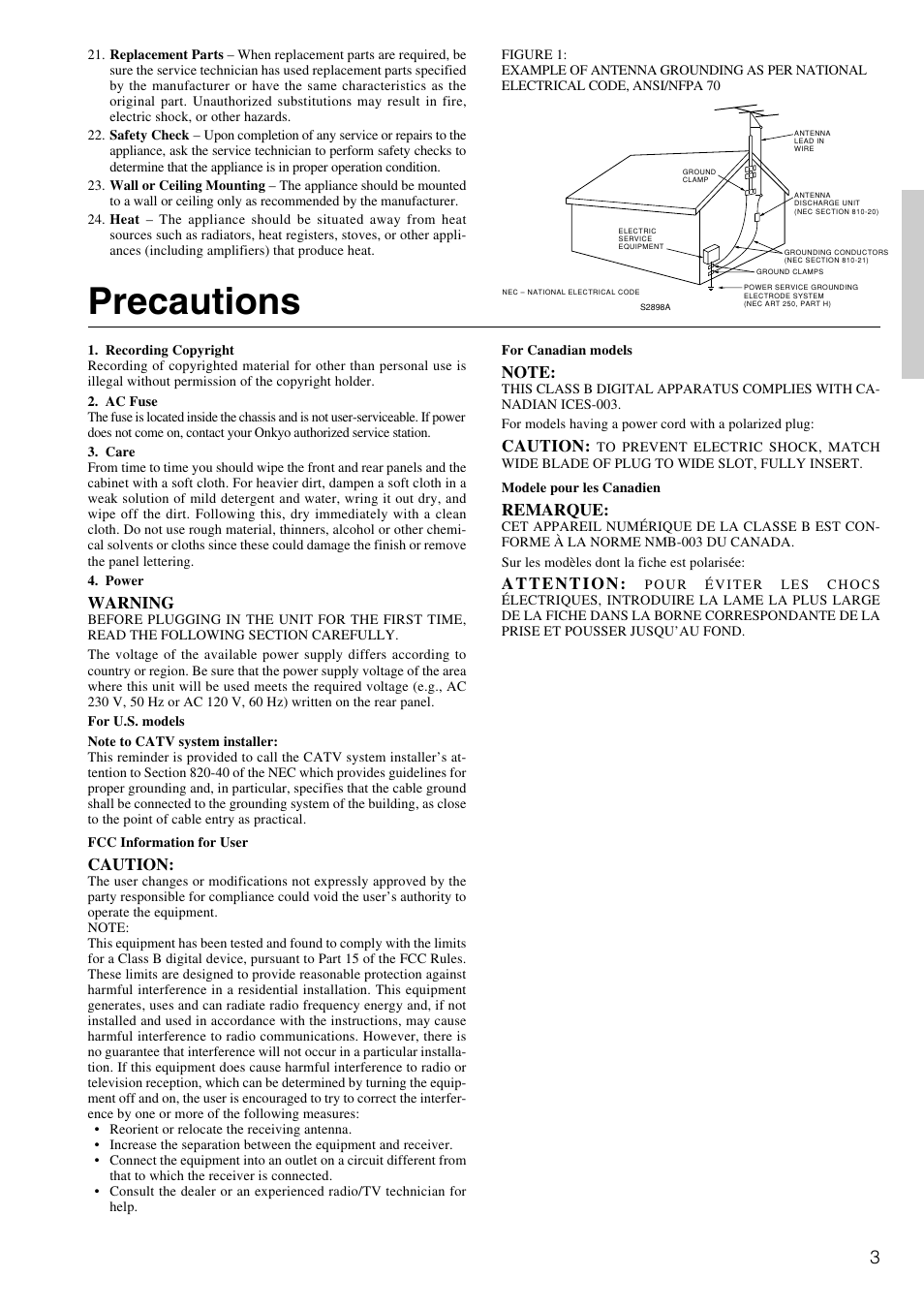 Precautions | Onkyo TX-DS898 User Manual | Page 3 / 72