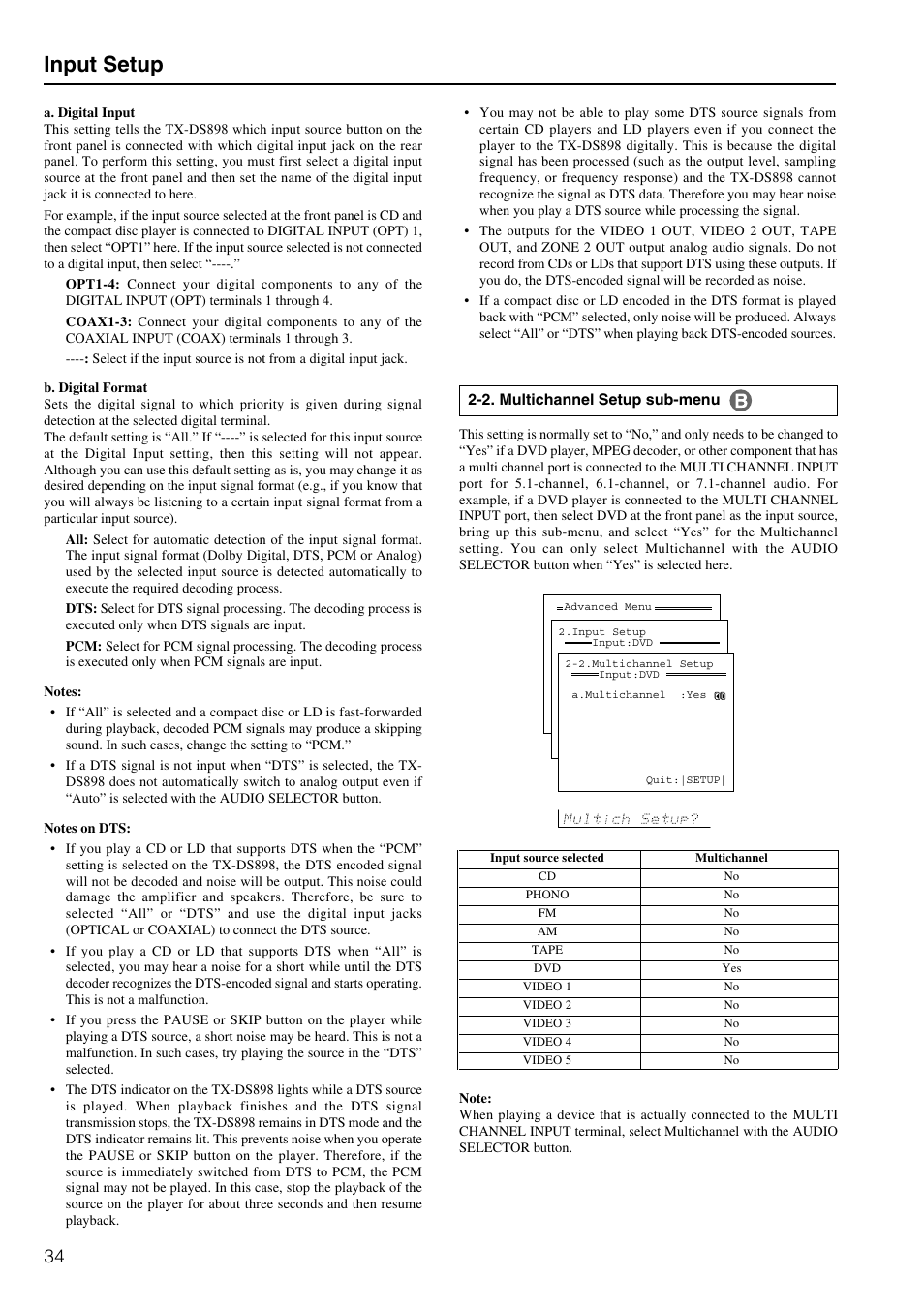 Input setup | Onkyo TX-DS898 User Manual | Page 34 / 72