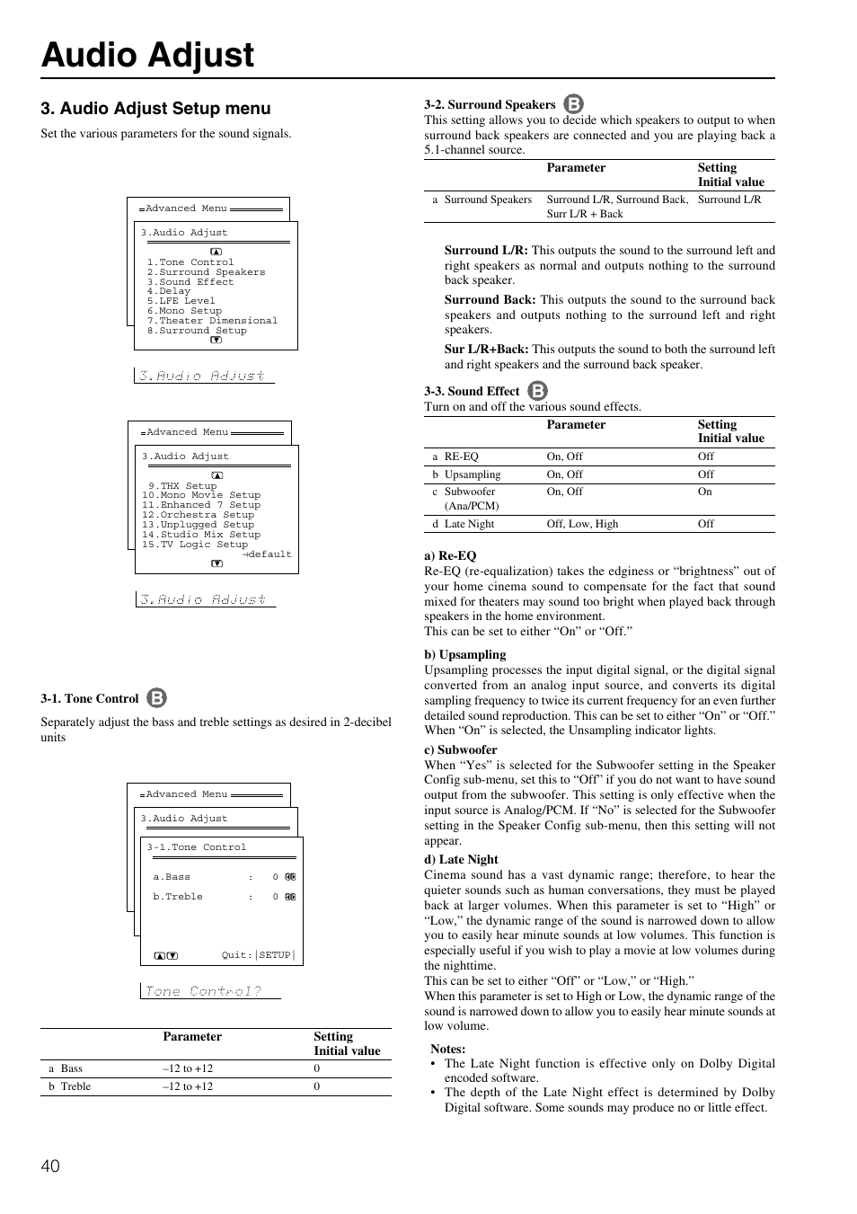 Audio adjust, Audio adjust setup menu | Onkyo TX-DS898 User Manual | Page 40 / 72