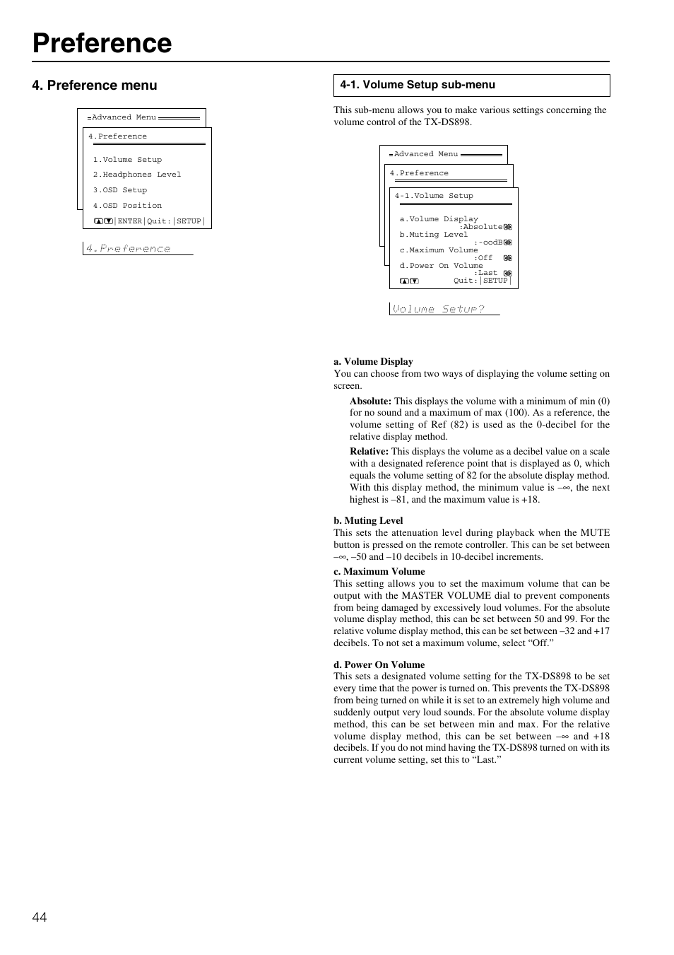 Preference, Preference menu | Onkyo TX-DS898 User Manual | Page 44 / 72
