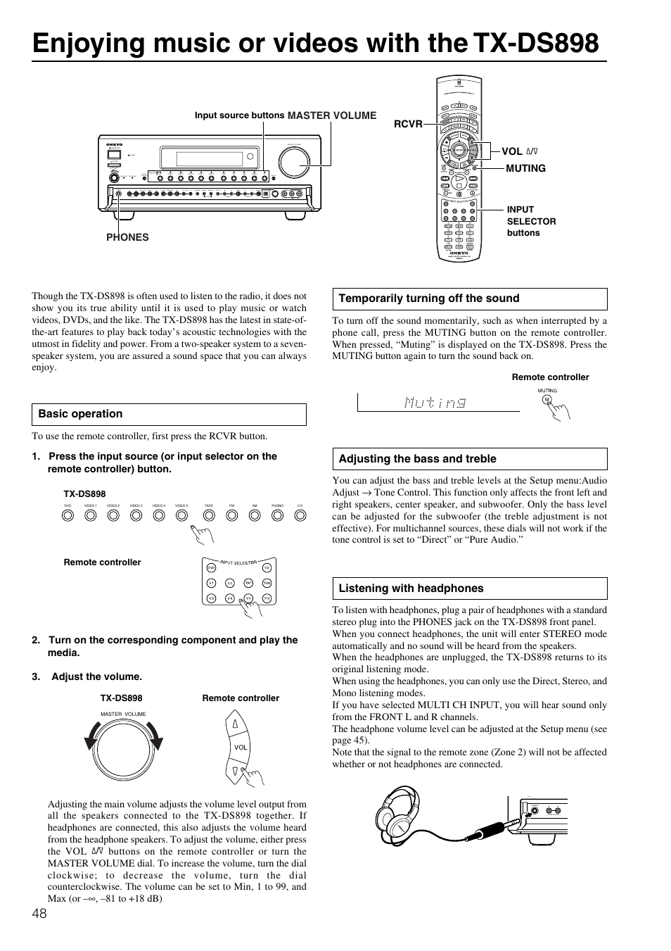 Enjoying music or videos with the tx-ds898, Listening with headphones, Adjusting the bass and treble | Temporarily turning off the sound, Basic operation, Off on, Standby | Onkyo TX-DS898 User Manual | Page 48 / 72
