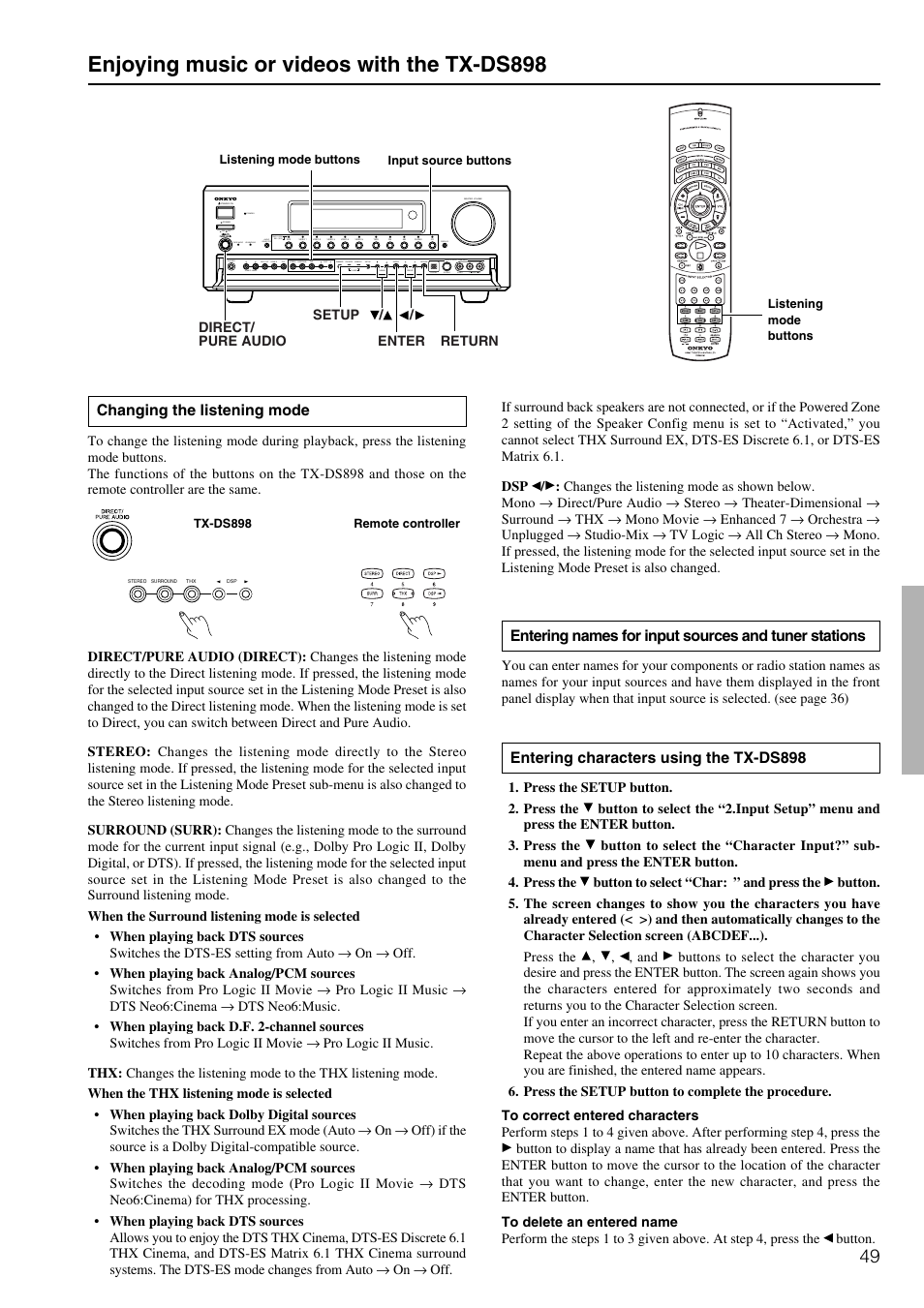 Enjoying music or videos with the tx-ds898, Changing the listening mode, Entering characters using the tx-ds898 | Onkyo TX-DS898 User Manual | Page 49 / 72