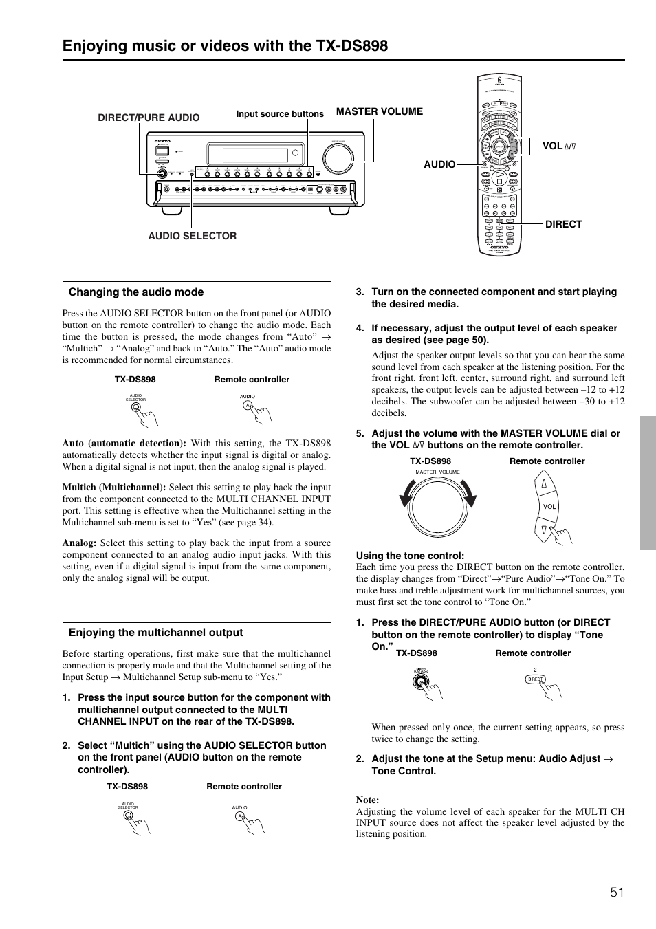 Enjoying music or videos with the tx-ds898, Changing the audio mode, Enjoying the multichannel output | Onkyo TX-DS898 User Manual | Page 51 / 72