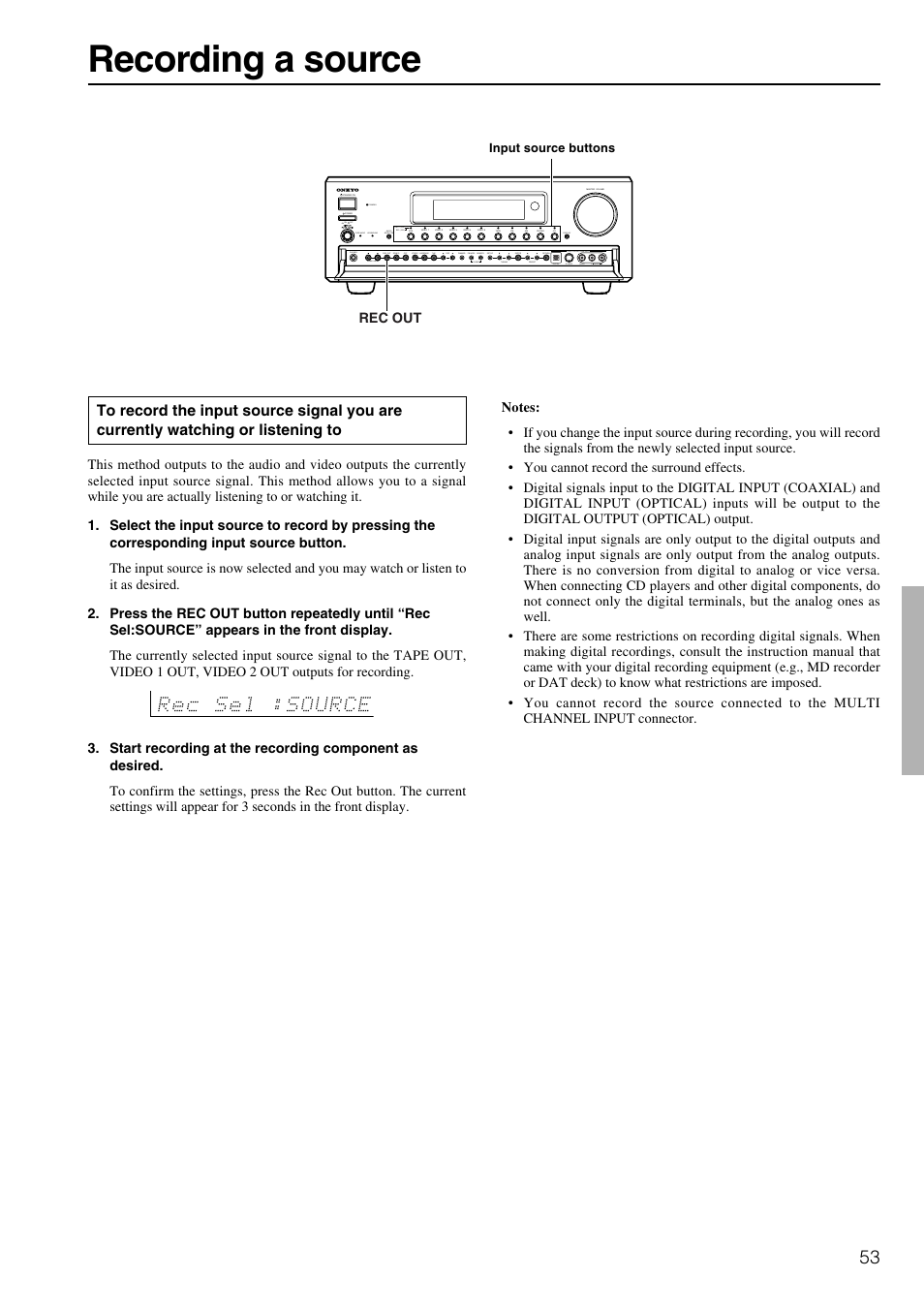 Recording a source | Onkyo TX-DS898 User Manual | Page 53 / 72