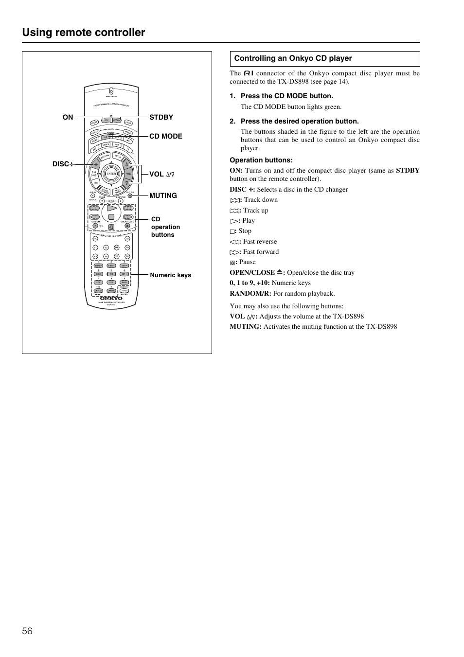 Using remote controller | Onkyo TX-DS898 User Manual | Page 56 / 72