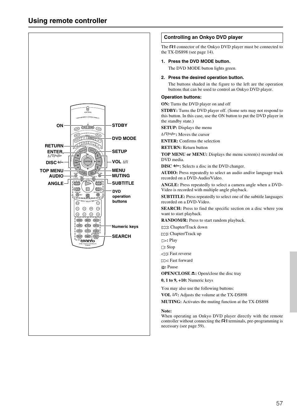 Using remote controller | Onkyo TX-DS898 User Manual | Page 57 / 72