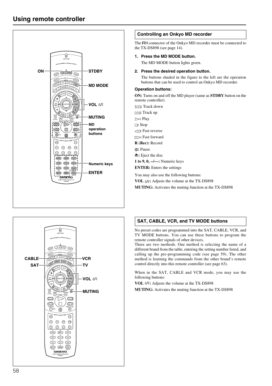 Using remote controller | Onkyo TX-DS898 User Manual | Page 58 / 72