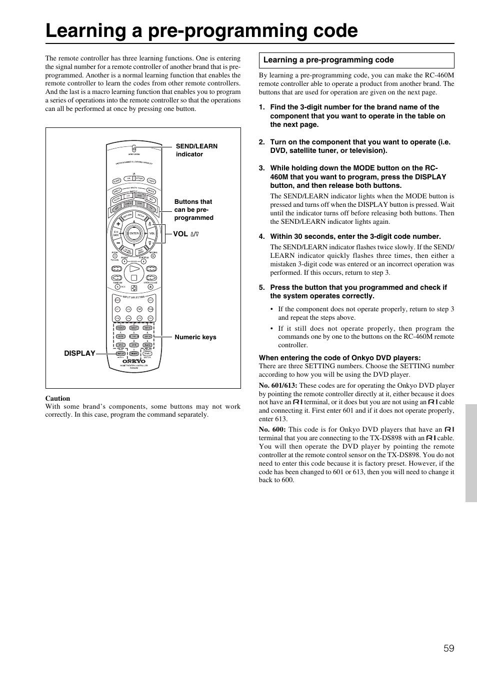 Learning a pre-programming code | Onkyo TX-DS898 User Manual | Page 59 / 72