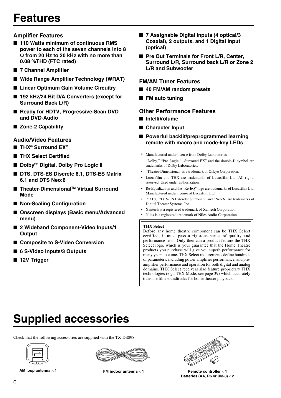 Features, Supplied accessories | Onkyo TX-DS898 User Manual | Page 6 / 72