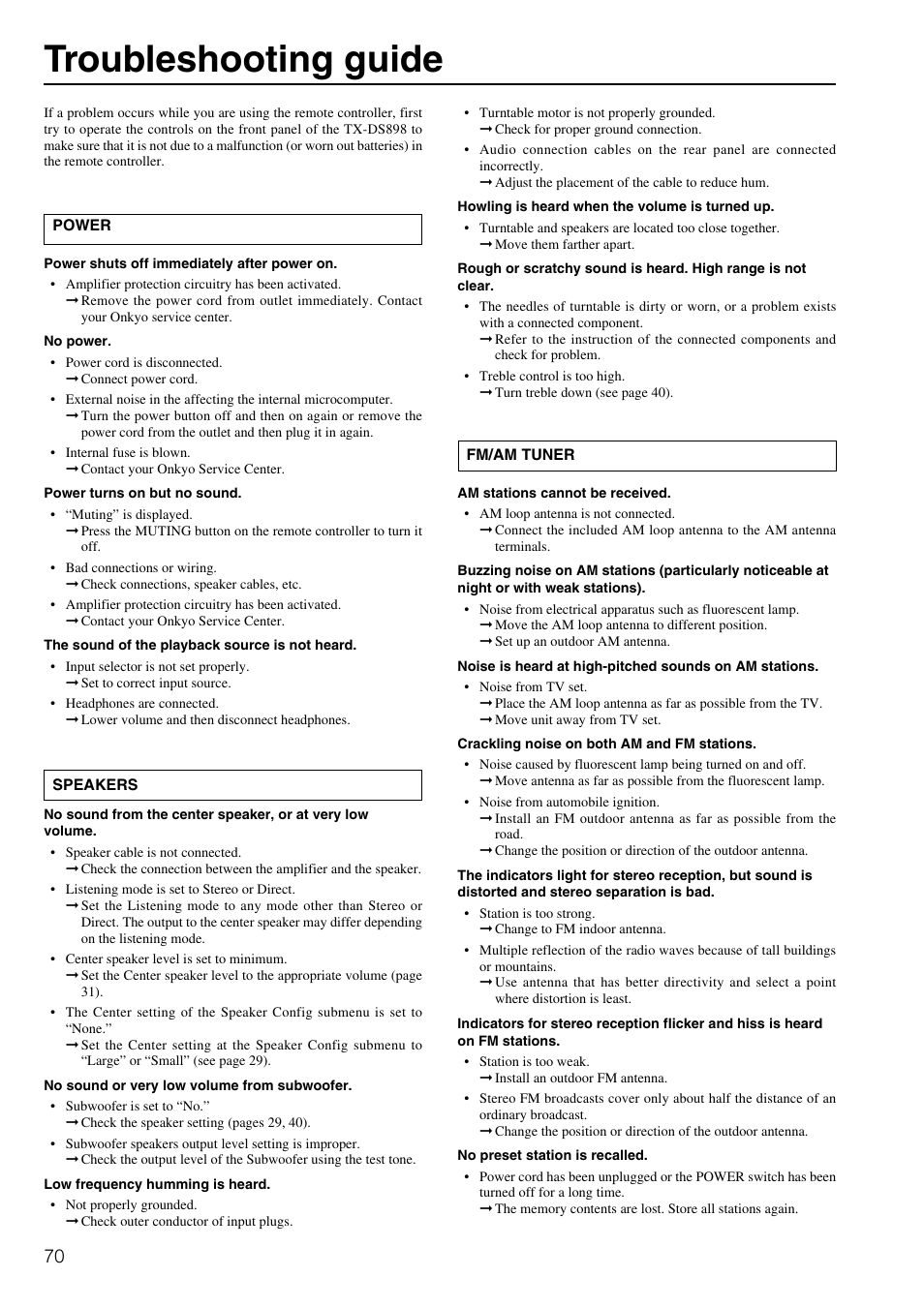 Troubleshooting guide | Onkyo TX-DS898 User Manual | Page 70 / 72