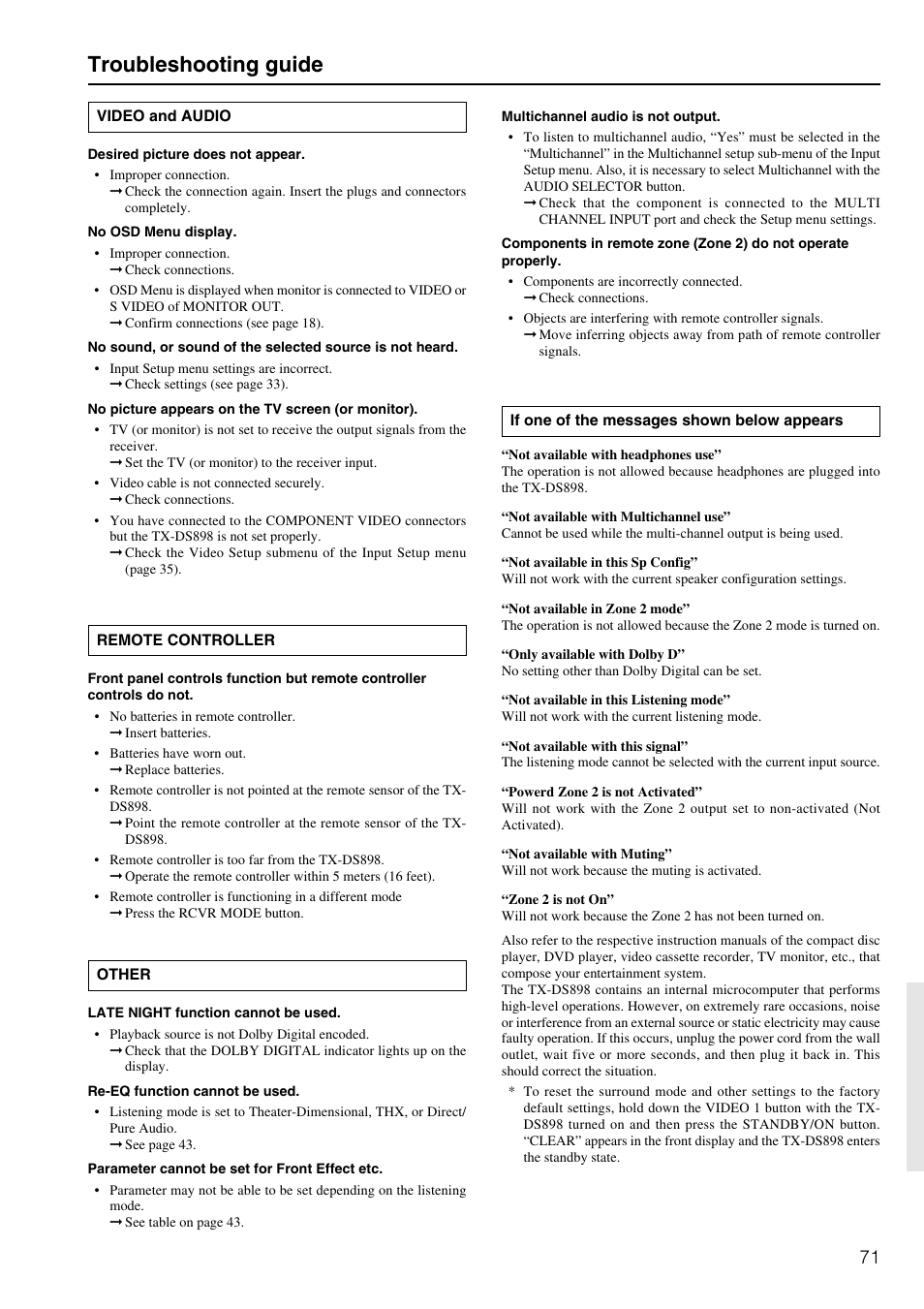 Troubleshooting guide | Onkyo TX-DS898 User Manual | Page 71 / 72