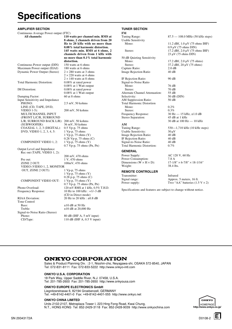 Specifications | Onkyo TX-DS898 User Manual | Page 72 / 72