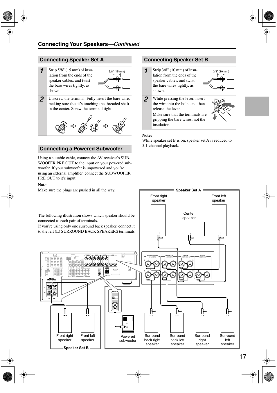 Connecting speaker set a, Connecting a powered subwoofer, Connecting speaker set b | Connecting your speakers —continued, Remote control, Sub woofer, Sub woofer front surround surr back center, Av receiver, Line input | Onkyo TX-SR8450 User Manual | Page 17 / 80