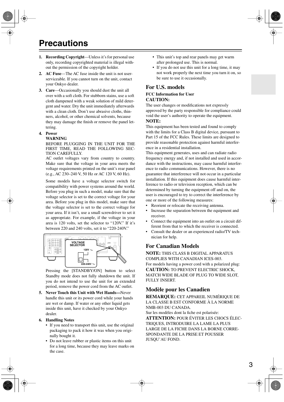 Precautions, For u.s. models, For canadian models | Modèle pour les canadien | Onkyo TX-SR8450 User Manual | Page 3 / 80