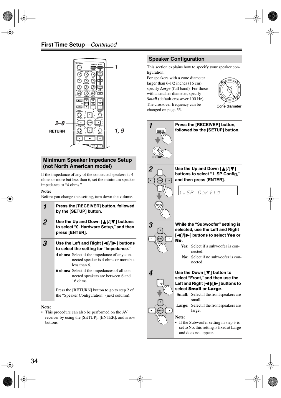 Speaker configuration, Minimum speaker impedance setup, Not north american model) | First time setup —continued | Onkyo TX-SR8450 User Manual | Page 34 / 80