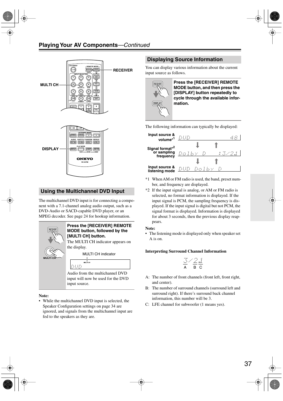 Using the multichannel dvd input, Displaying source information, Utton (37) | Playing your av components —continued | Onkyo TX-SR8450 User Manual | Page 37 / 80