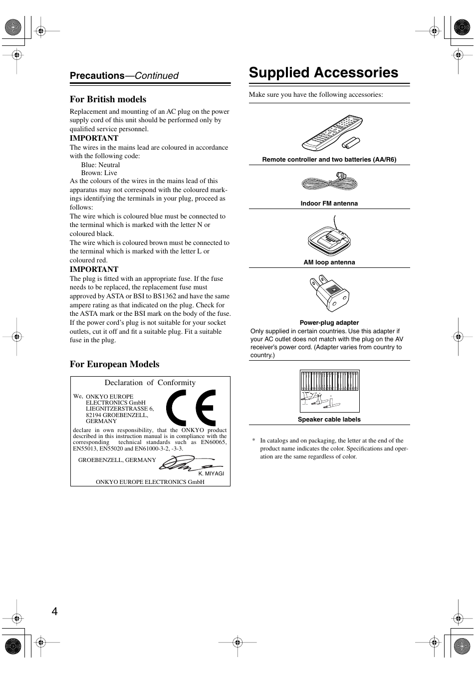 Supplied accessories, Precautions —continued for british models, For european models | Important, Declaration of conformity, Make sure you have the following accessories, Speaker cable, K. miyagi | Onkyo TX-SR8450 User Manual | Page 4 / 80