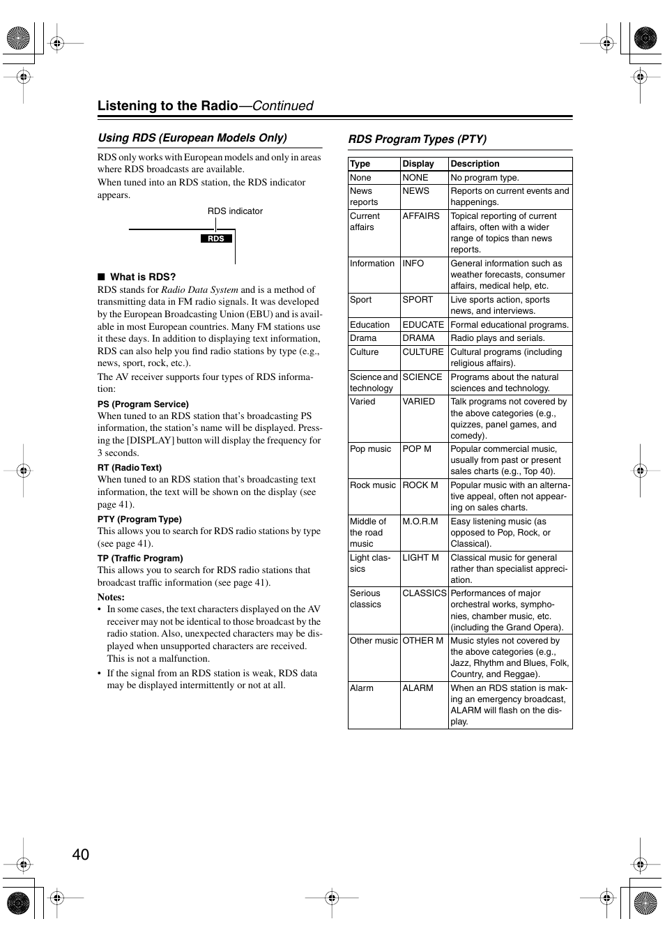 Y) (40), Listening to the radio —continued | Onkyo TX-SR8450 User Manual | Page 40 / 80