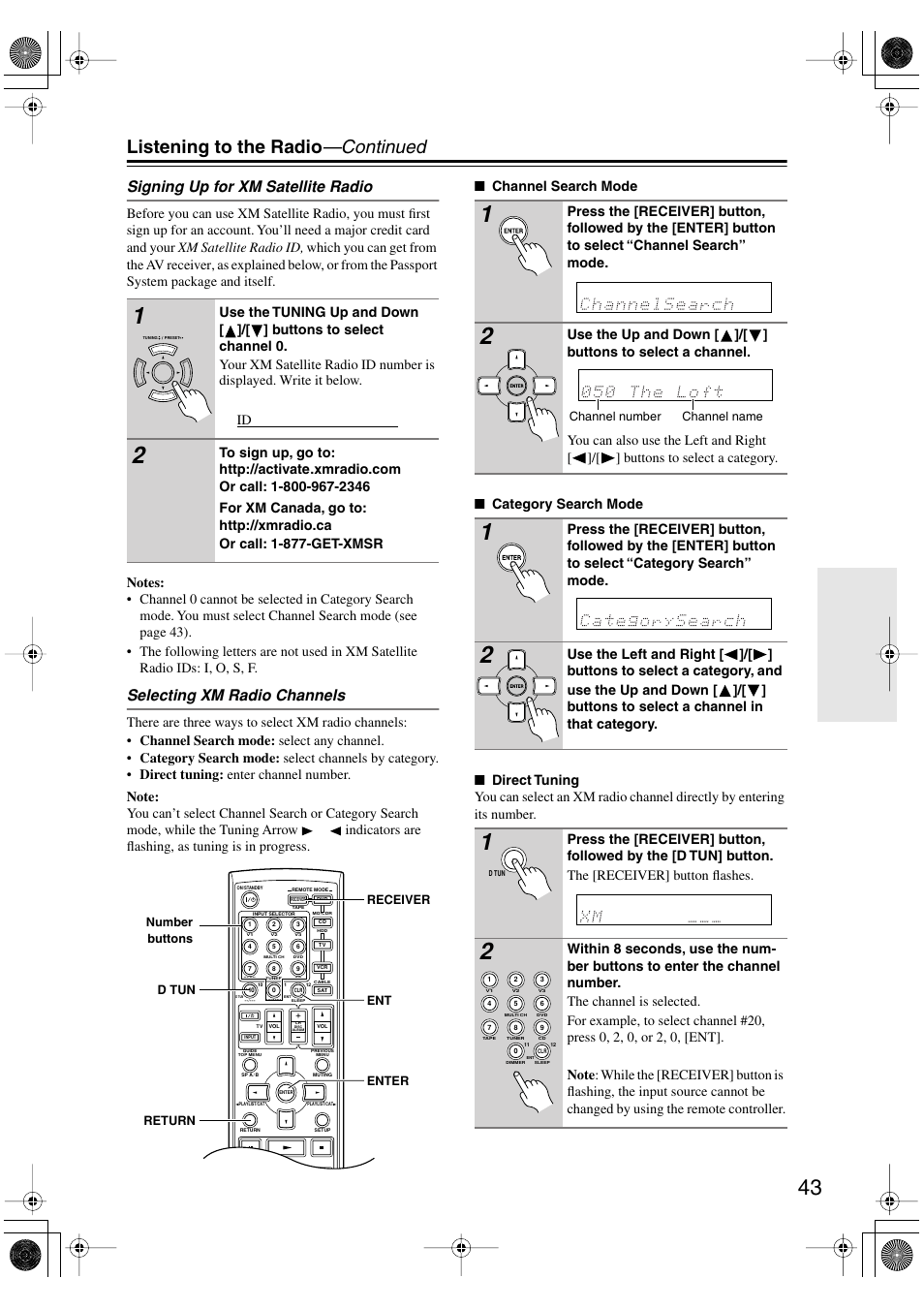 Listening to the radio —continued, Signing up for xm satellite radio, Selecting xm radio channels | Onkyo TX-SR8450 User Manual | Page 43 / 80