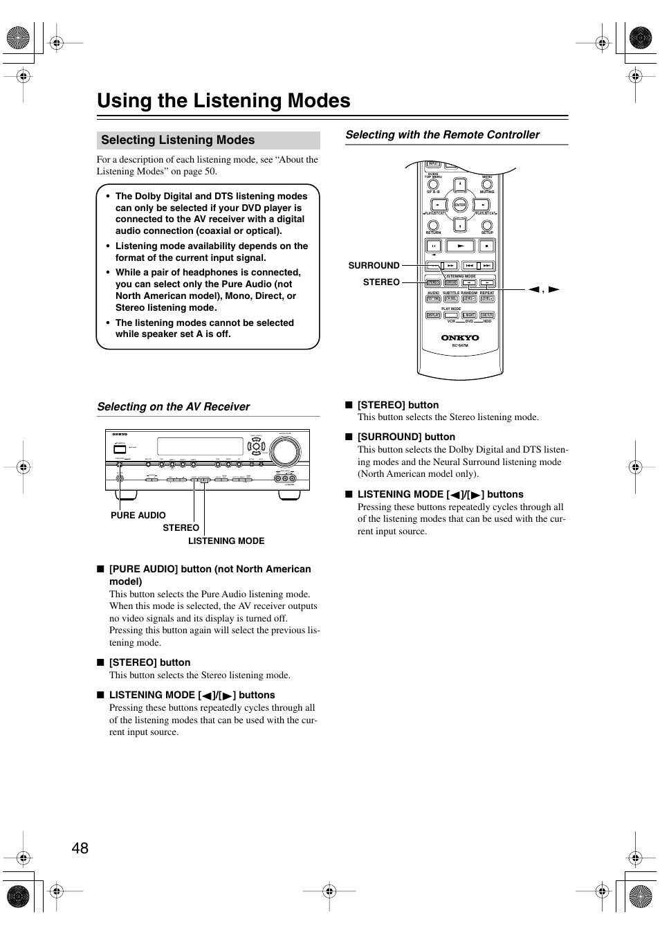 Using the listening modes, Selecting listening modes, Enjoying the listening modes | Utton (48), Uttons (48), Utton and indicator (48), Selecting on the av receiver, Selecting with the remote controller | Onkyo TX-SR8450 User Manual | Page 48 / 80