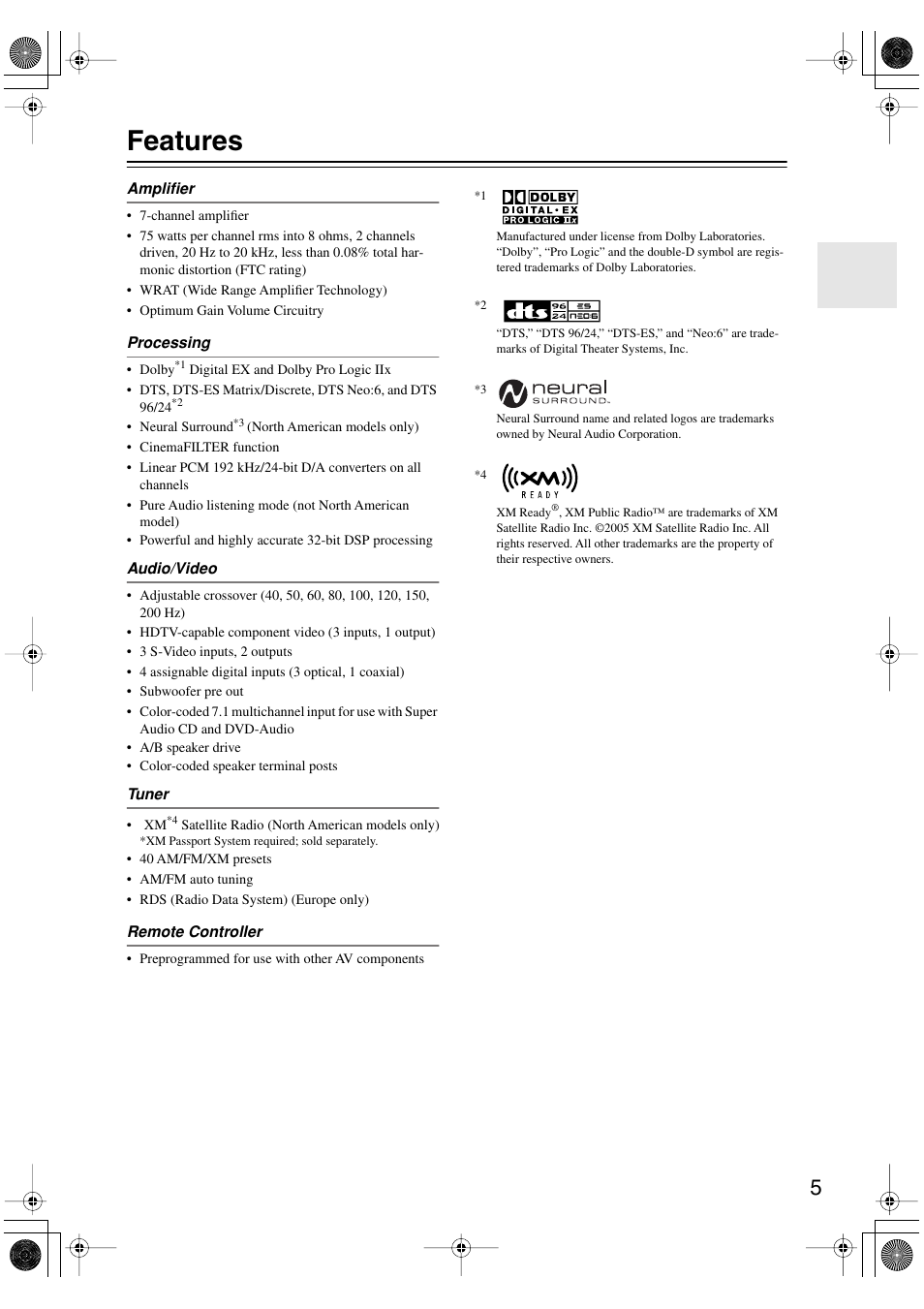Features | Onkyo TX-SR8450 User Manual | Page 5 / 80