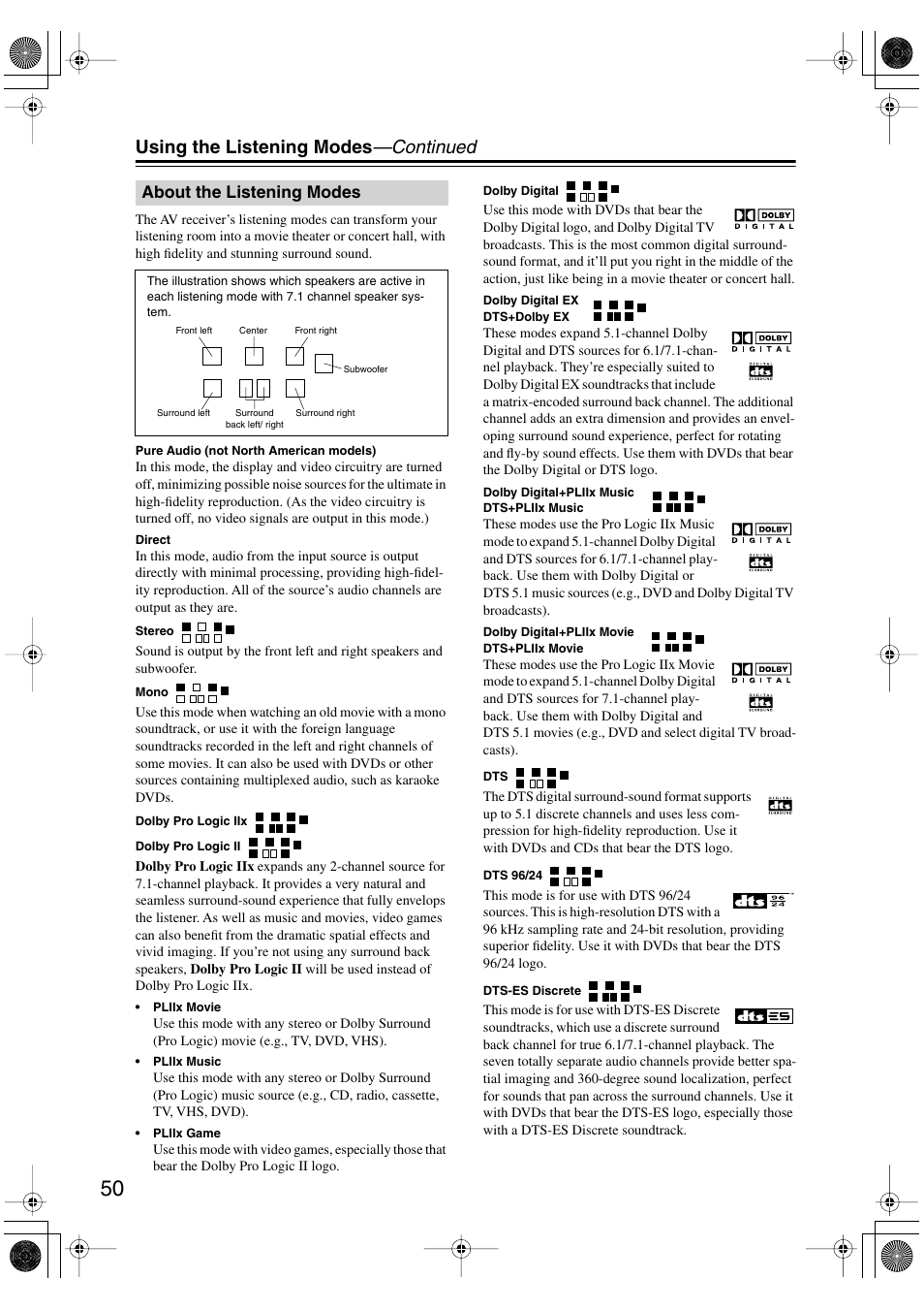 About the listening modes, S (50), Using the listening modes —continued | Onkyo TX-SR8450 User Manual | Page 50 / 80