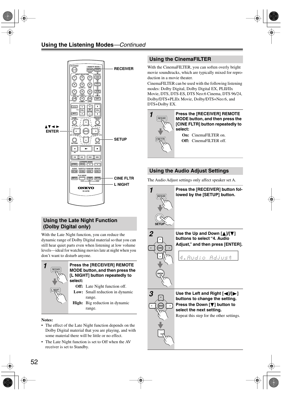 Using the late night function (dolbydigital only), Using the cinemafilter, Using the audio adjust settings | Utton (52), Using the listening modes —continued, Using the late night function (dolby digital only) | Onkyo TX-SR8450 User Manual | Page 52 / 80