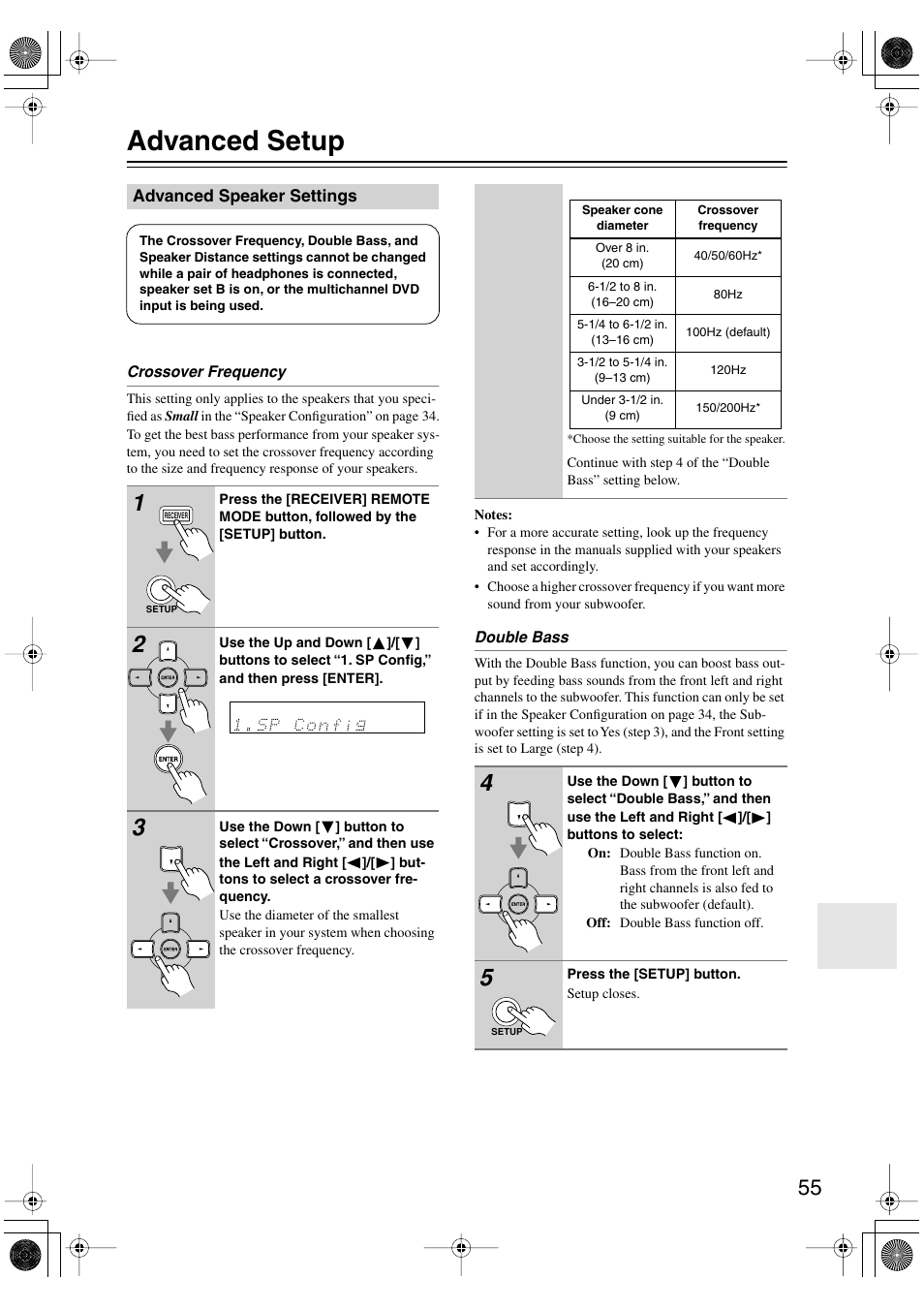 Advanced setup, Advanced speaker settings | Onkyo TX-SR8450 User Manual | Page 55 / 80