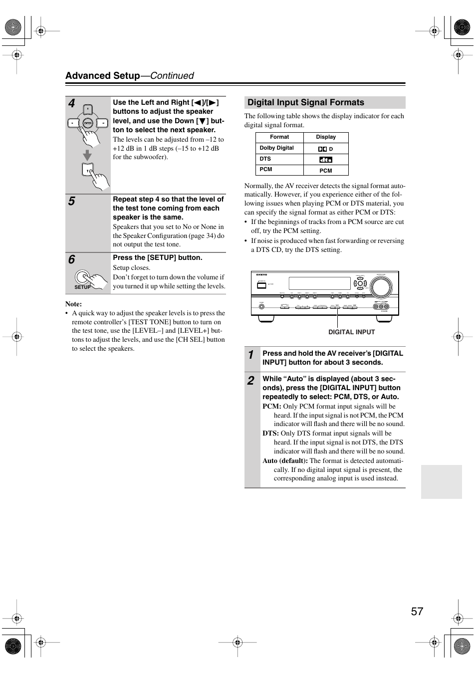 Digital input signal formats, Advanced setup —continued | Onkyo TX-SR8450 User Manual | Page 57 / 80