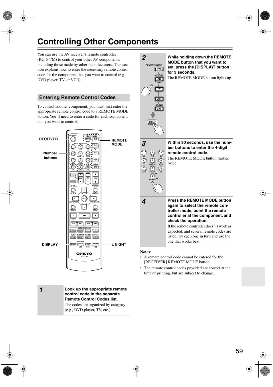 Controlling other components, Entering remote control codes | Onkyo TX-SR8450 User Manual | Page 59 / 80