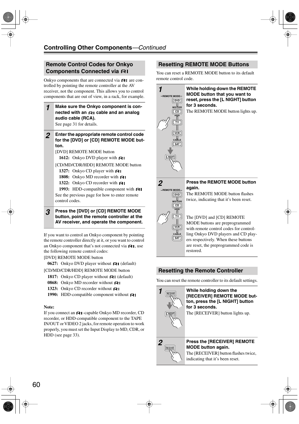 Resetting remote mode buttons, Resetting the remote controller, Remote control codes for onkyo | Components connected via, Controlling other components —continued | Onkyo TX-SR8450 User Manual | Page 60 / 80